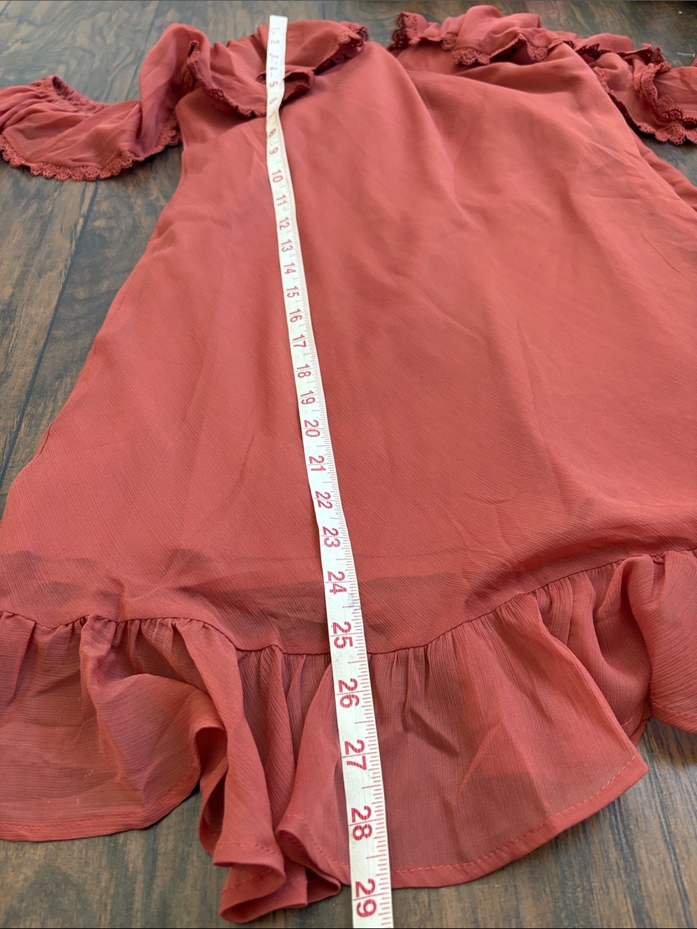 Off-Shoulder Rust Ruffle Mini Dress - Picture 7 of 11